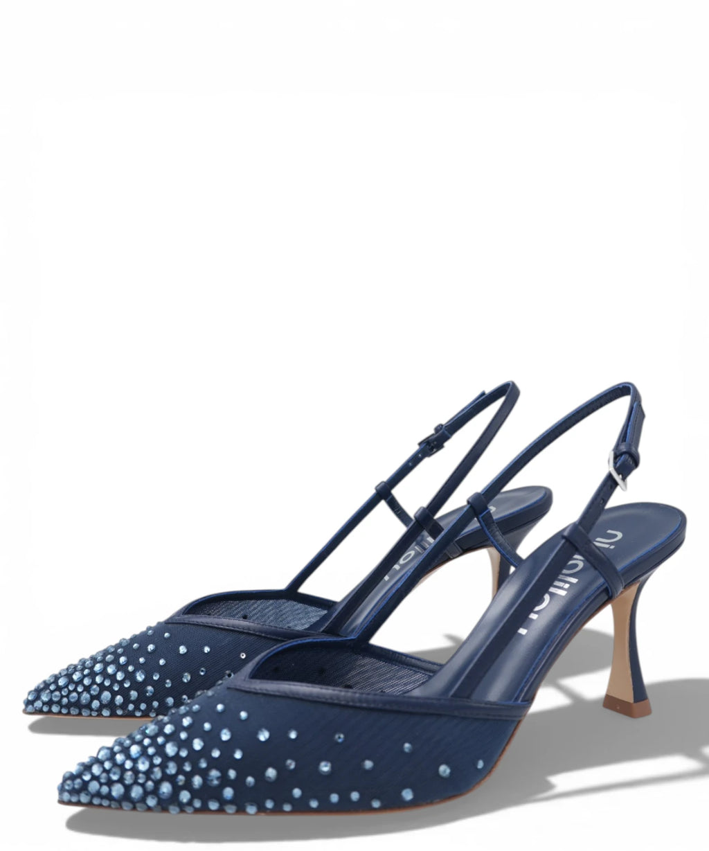 Slingback Amy 757C en Nappa Bleu Marine avec Strass