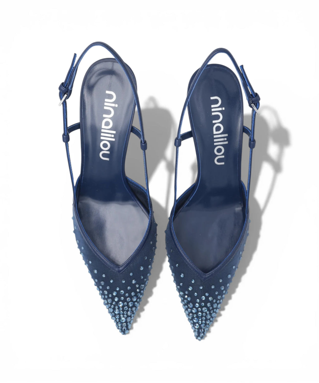 Slingback Amy 757C en Nappa Bleu Marine avec Strass
