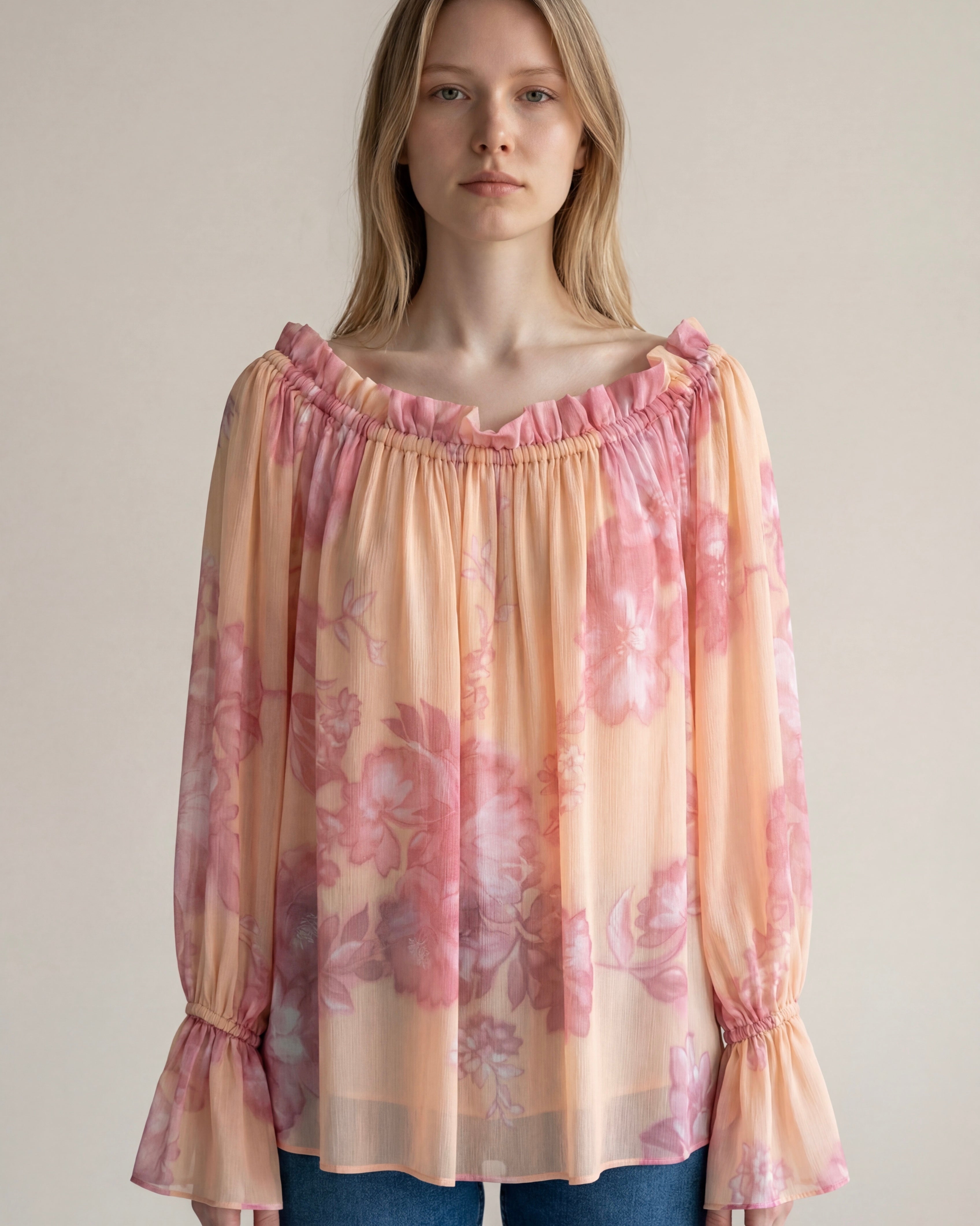 Blusa Donna Marella Floreale Rosa Pesca con Scollo Arricciato