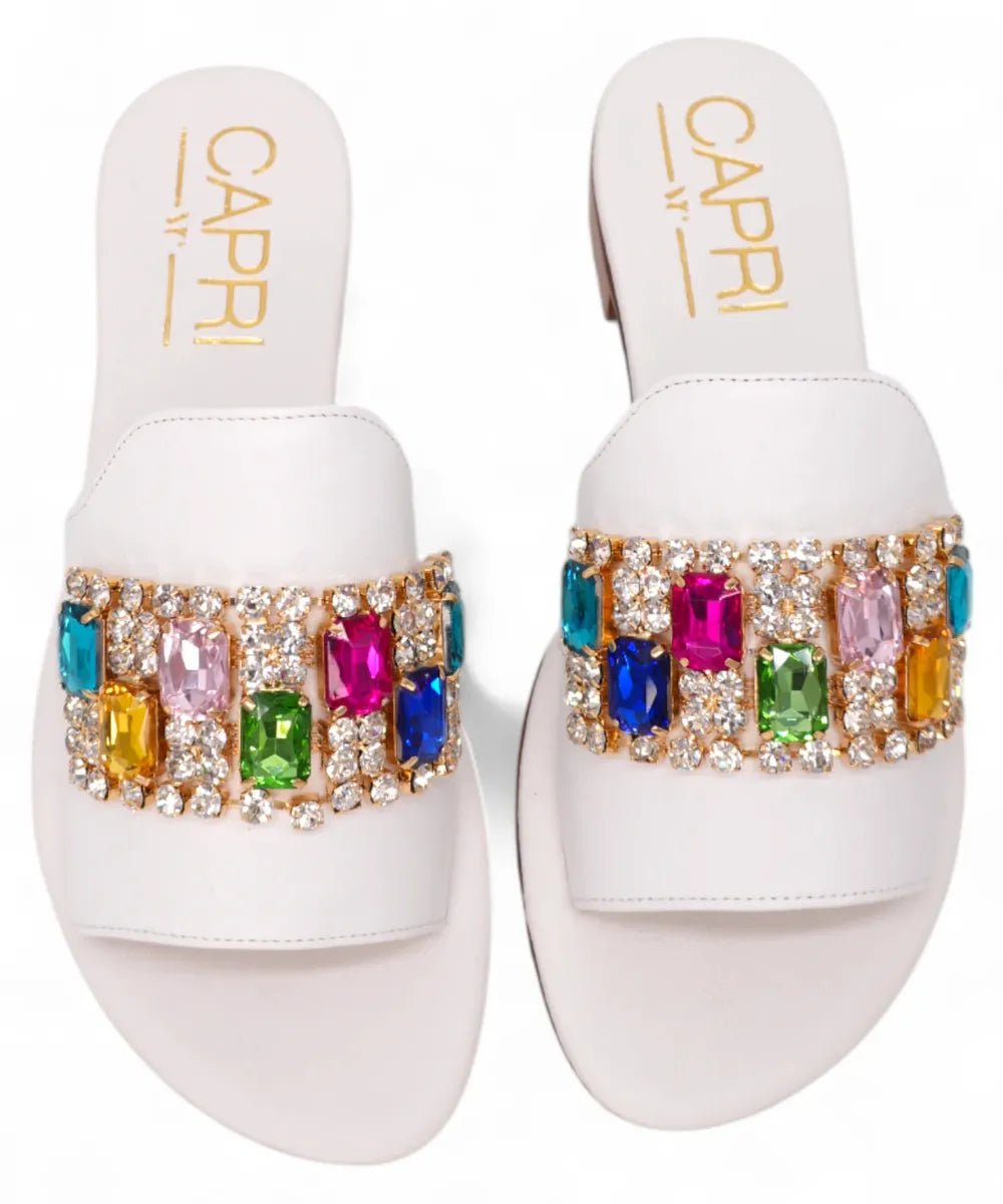 Ciabatta Caprese in Pelle Bianca con Applicazioni Multicolor-Capri Vittorio Citro-Ciabatte-Vittorio Citro Boutique