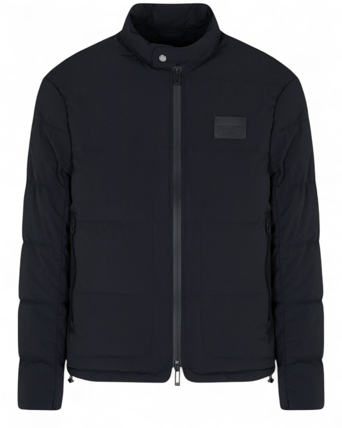 Piumino trapuntato uomo spandex nero con imbottitura in vera piuma, chiusura zip frontale e colletto alto per l'inverno FW26.