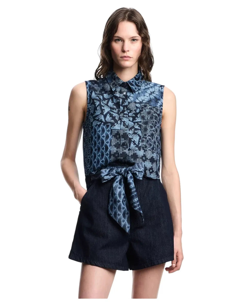 Gilet in Denim di Cotone con Stampa All Over e Collo Classico-Emporio Armani-Gilet-Vittorio Citro Boutique