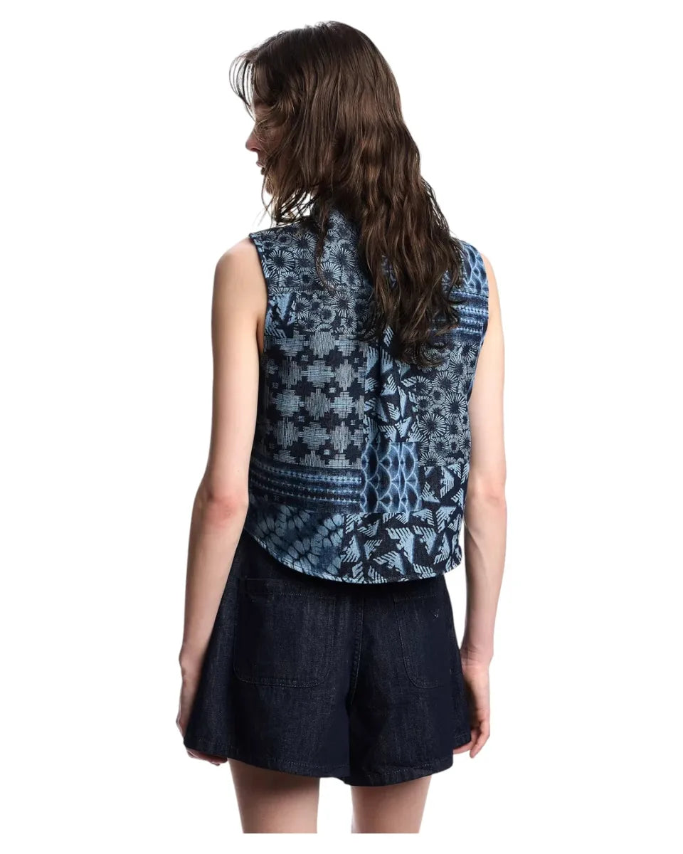 Gilet in Denim di Cotone con Stampa All Over e Collo Classico-Emporio Armani-Gilet-Vittorio Citro Boutique