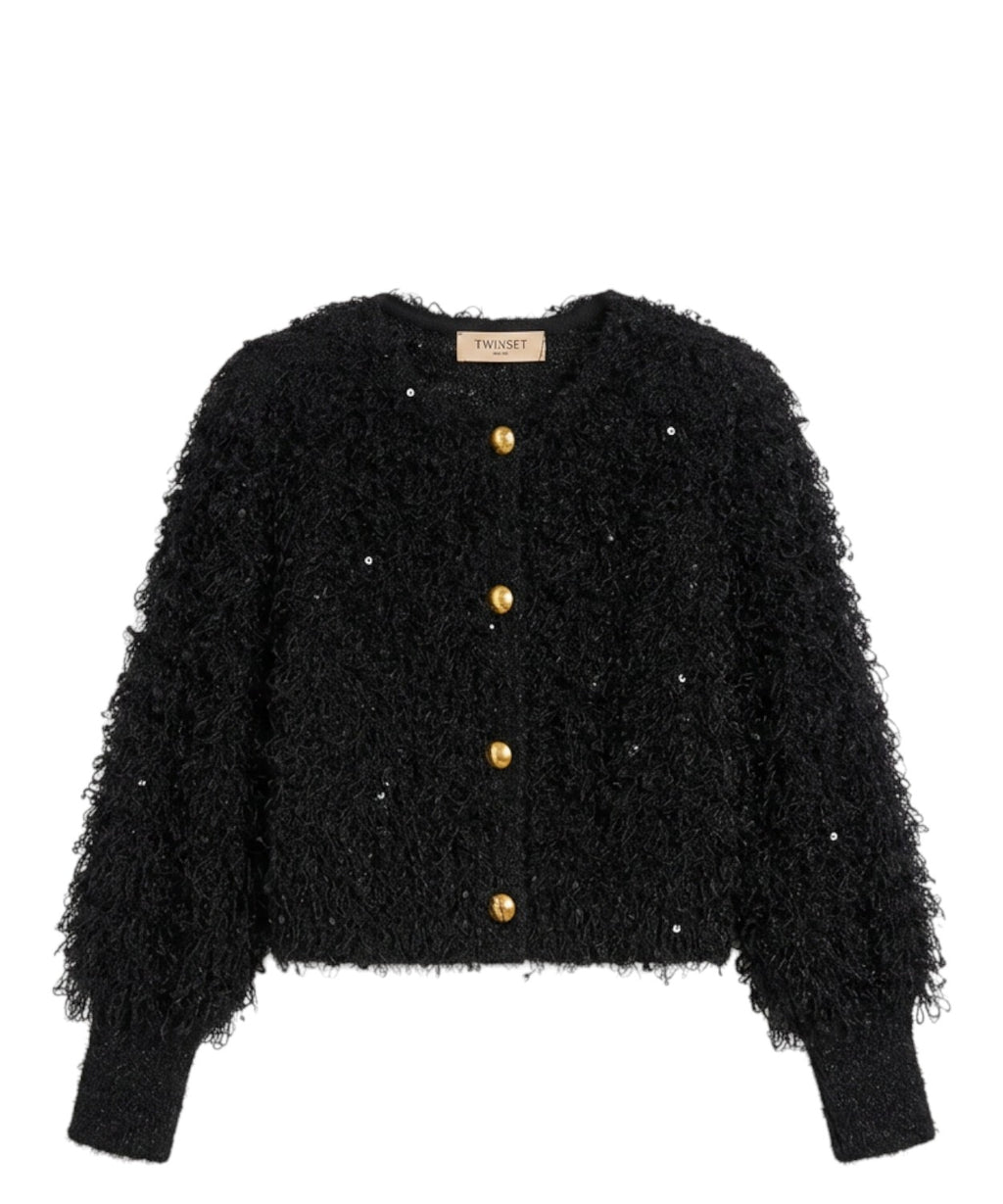 Cardigan Donna con Spalline Imbottite e Filato Similpelo