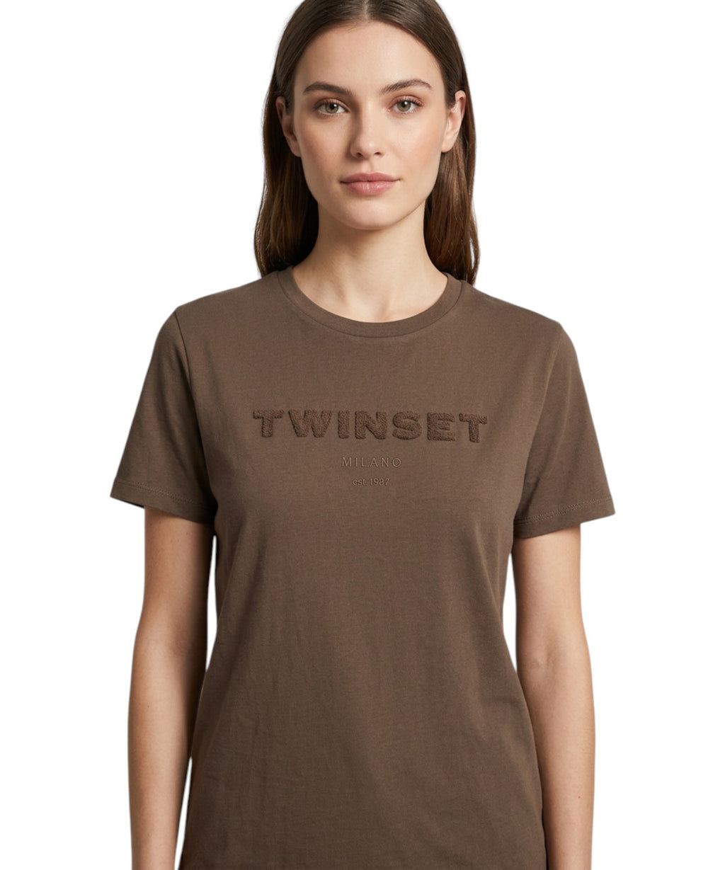 T-Shirt Donna in Cotone con Logo in Rilievo Twinset