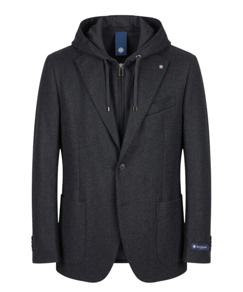 Giacca Uomo Castellino Monopetto in Lana con Zip e Cappuccio