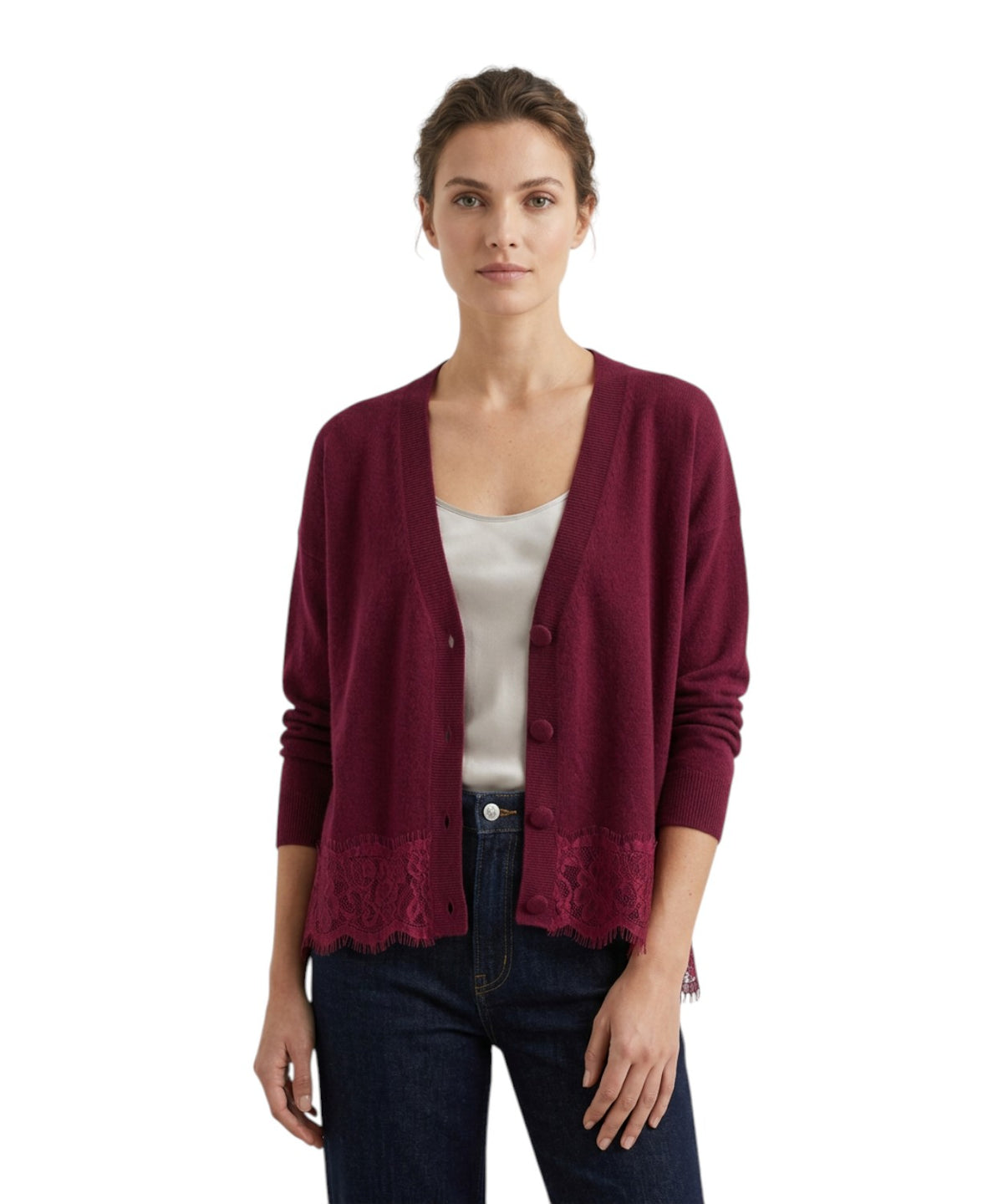 Cardigan Donna Cashmere Scollo a V Dotty con Pizzo