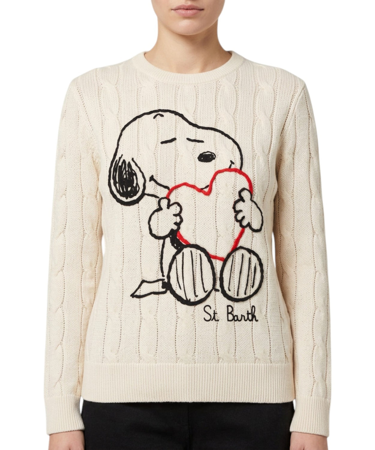 Pull New Queen en laine torsadée avec broderie Snoopy