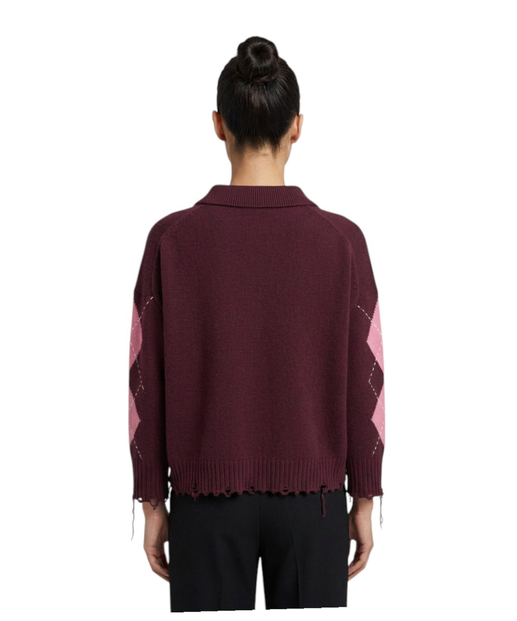 Maglione Pinko Crop a Quadri con Orlo Sfilacciato
