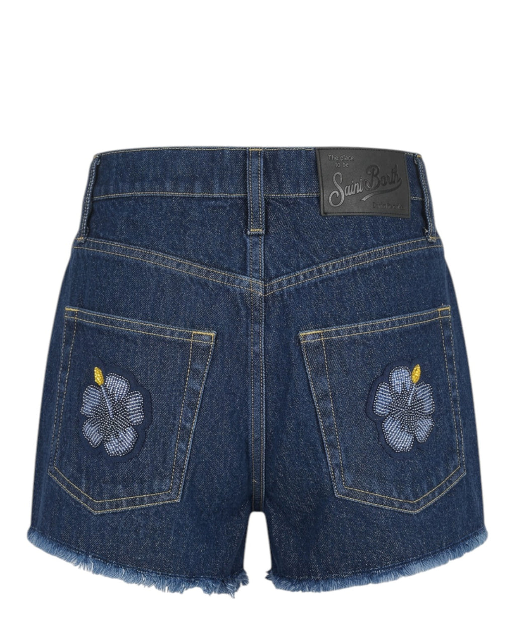 Shorts Musa en denim avec patchs floraux et perles
