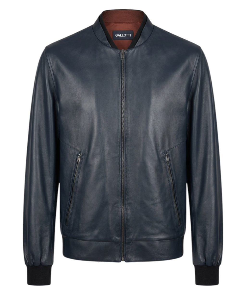 Veste Homme Cuir Bleu avec Zip et Col Bomber