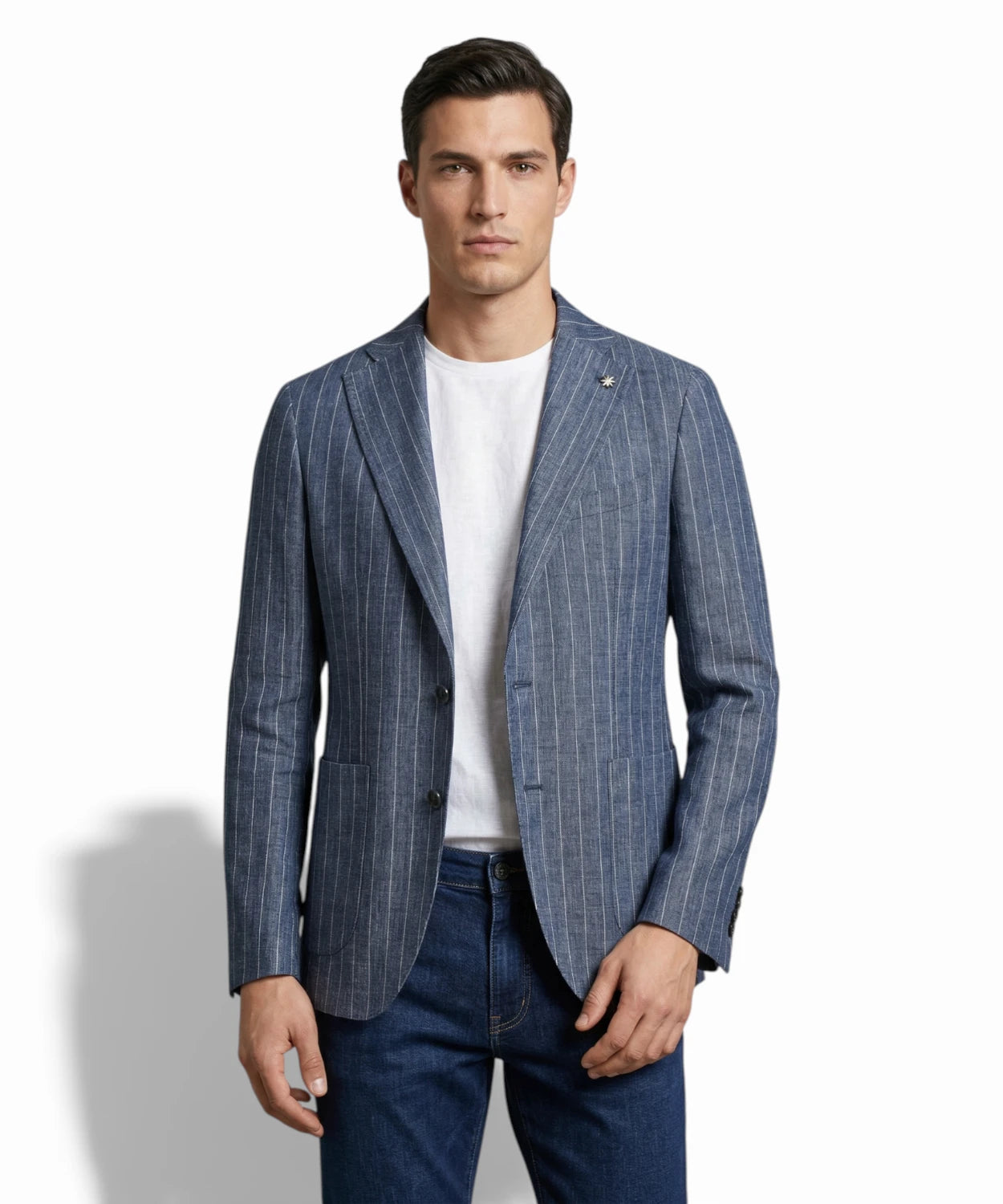 Giacca Uomo Blu Gessata - Manuel Ritz Misto Lino Stretch