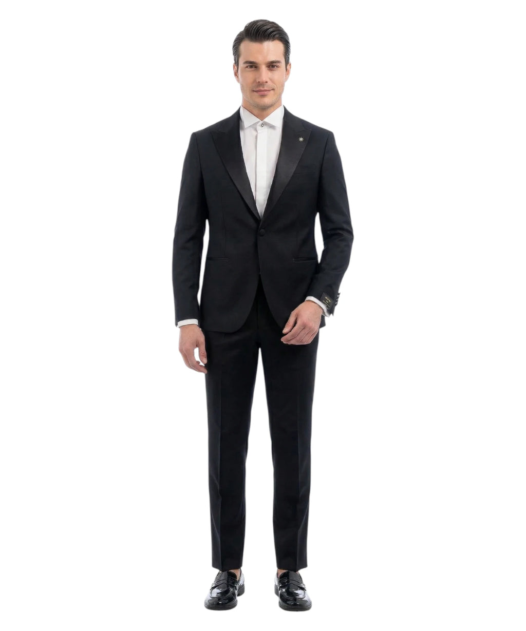 Manuel Ritz Costume Smoking Homme noir Slim Fit en Fresco Laine Stretch avec Revers à Lancia
