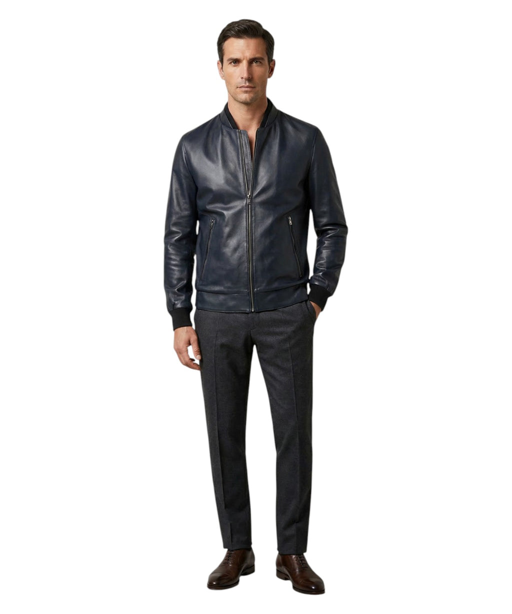 Veste Homme Cuir Bleu avec Zip et Col Bomber