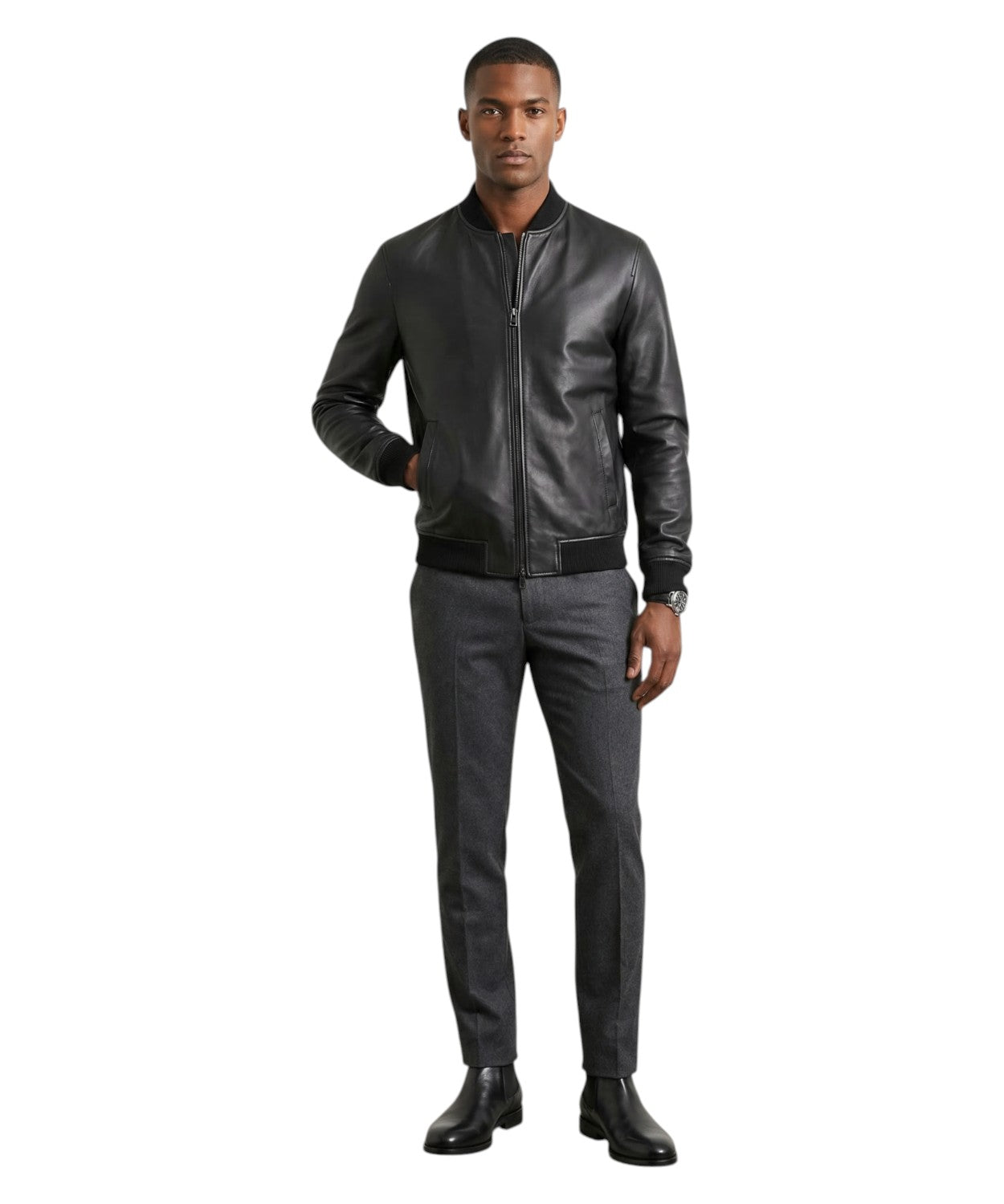 Giubbotto Uomo Pelle Nera Gallotti con Zip e Collo Bomber