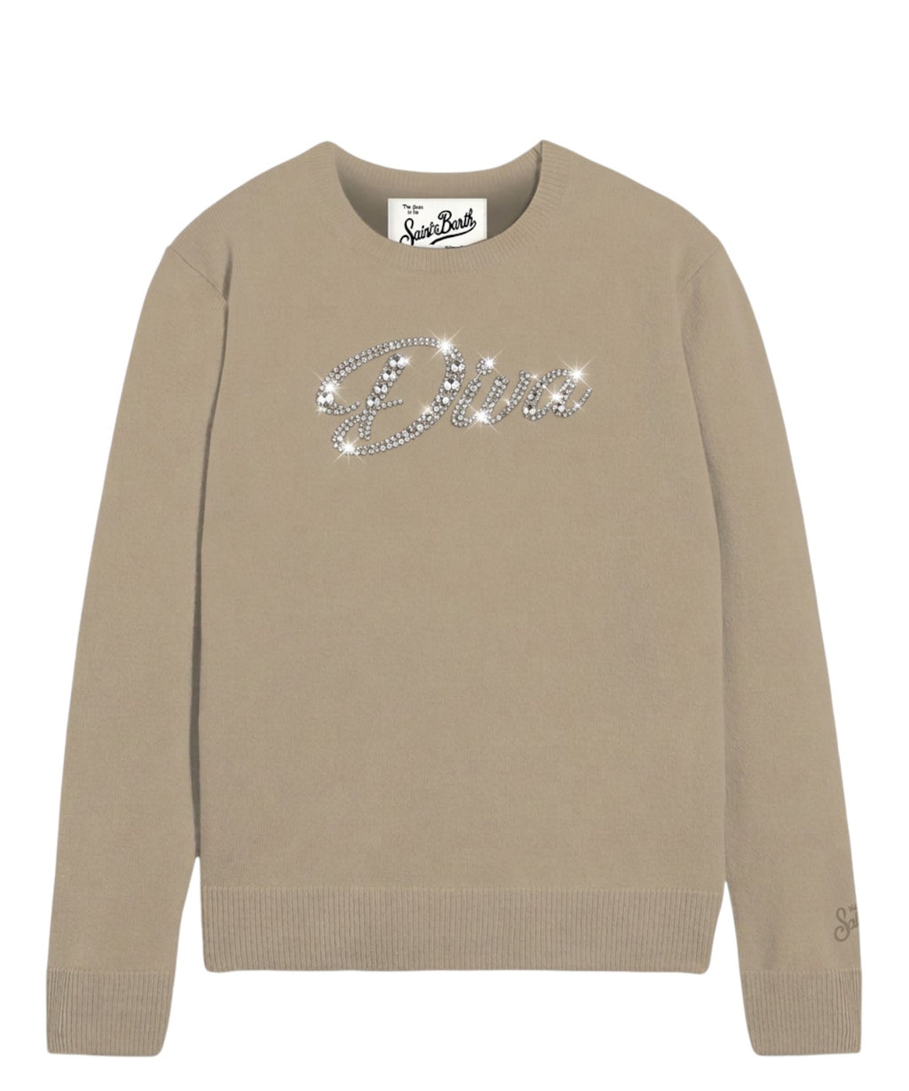 Pull effet alpaga New Queen avec inscription DIVA en strass