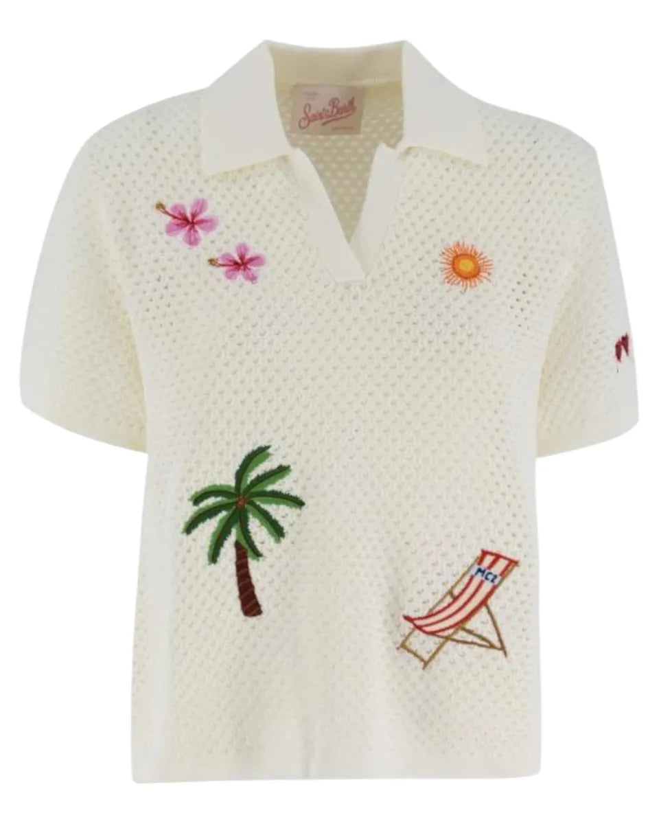Polo Pixie in maglia traforata con ricami e scollo a V-Mc2 Saint Barth-Polo-Vittorio Citro Boutique