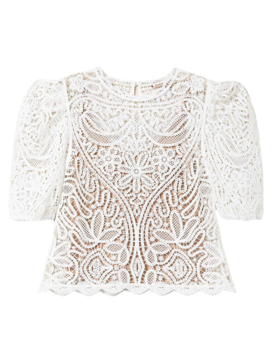 Maglia crochet effetto pizzo con maniche balloon-Twinset-T-shirt-Vittorio Citro Boutique