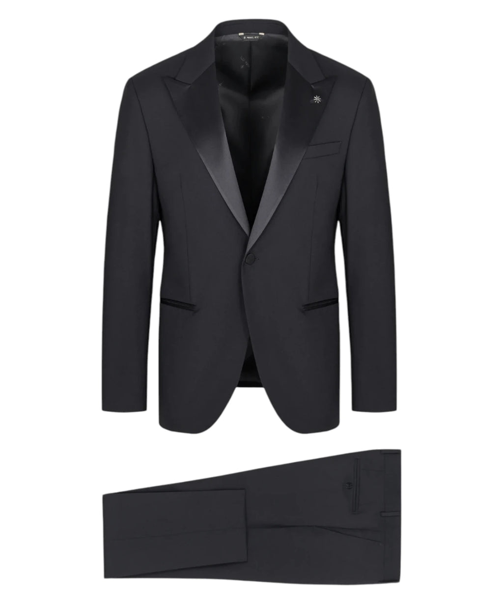 Manuel Ritz Costume Smoking Homme noir Slim Fit en Fresco Laine Stretch avec Revers à Lancia