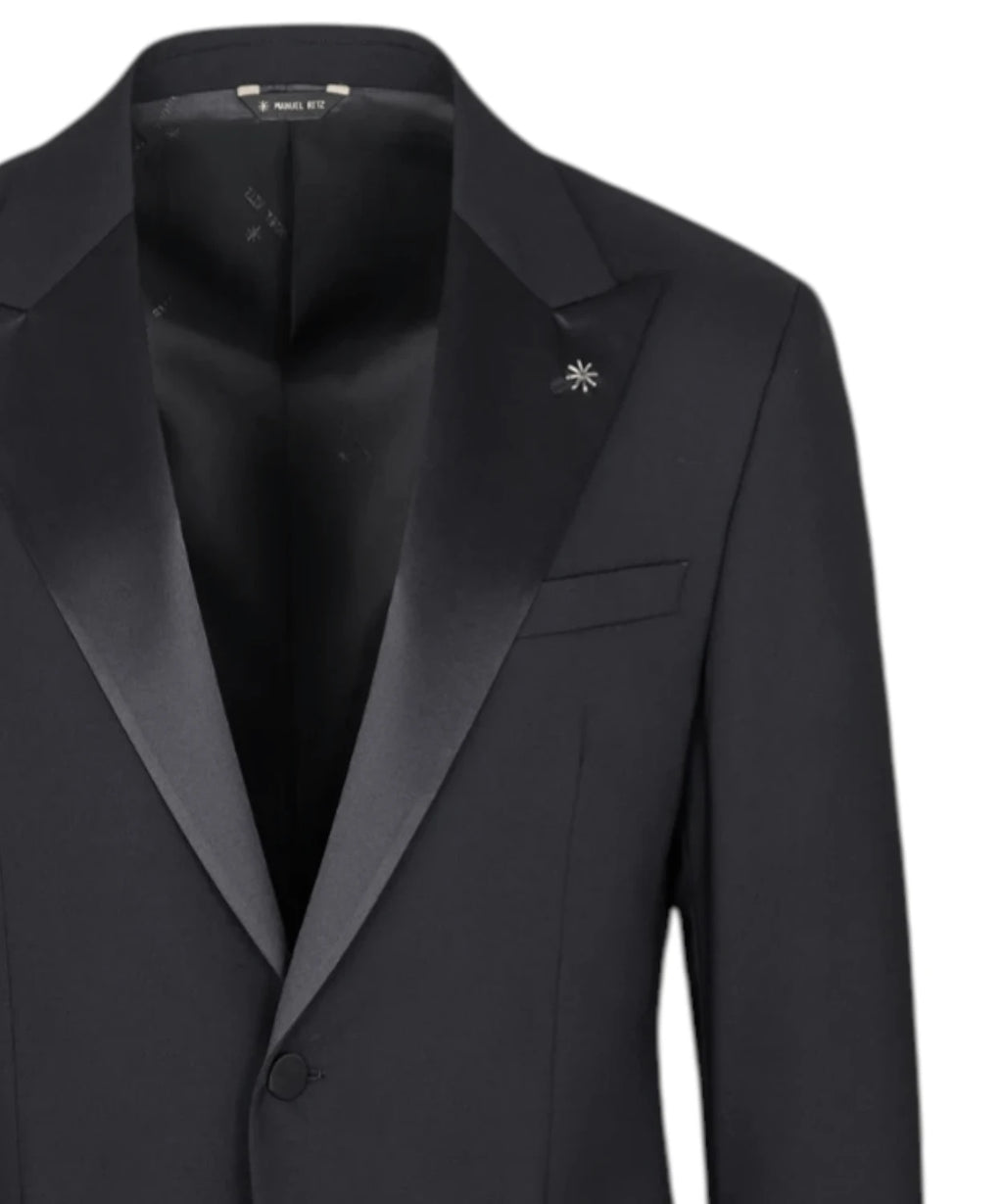Manuel Ritz Costume Smoking Homme noir Slim Fit en Fresco Laine Stretch avec Revers à Lancia