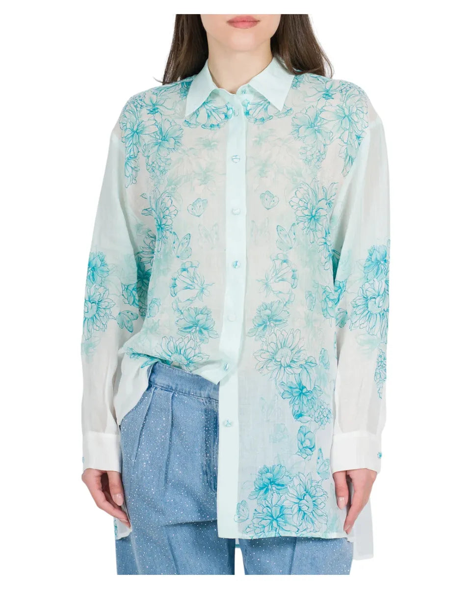 Camicia in seta turchese con stampa floreale-Twinset-Camicie-Vittorio Citro Boutique