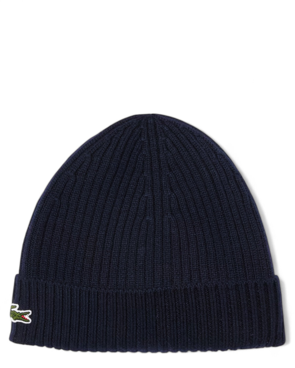 Berretto Lana Spazzolata con Logo Ricamato Lacoste in maglia blu navy, modello unisex con risvolto a costine e logo coccodrillo ricamato.