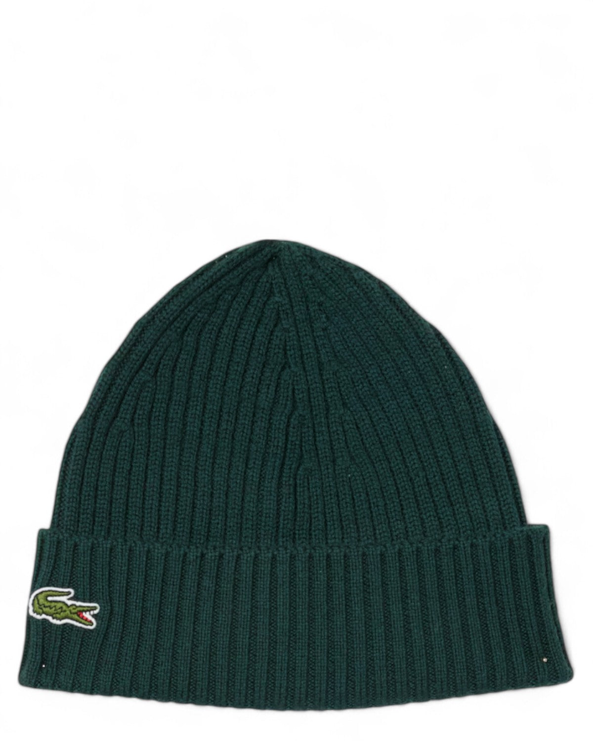 Berretto Lana Spazzolata Lacoste con Logo Ricamato, colore verde scuro, stile a coste, ideale per l'inverno. Accessorio unisex caldo e alla moda.