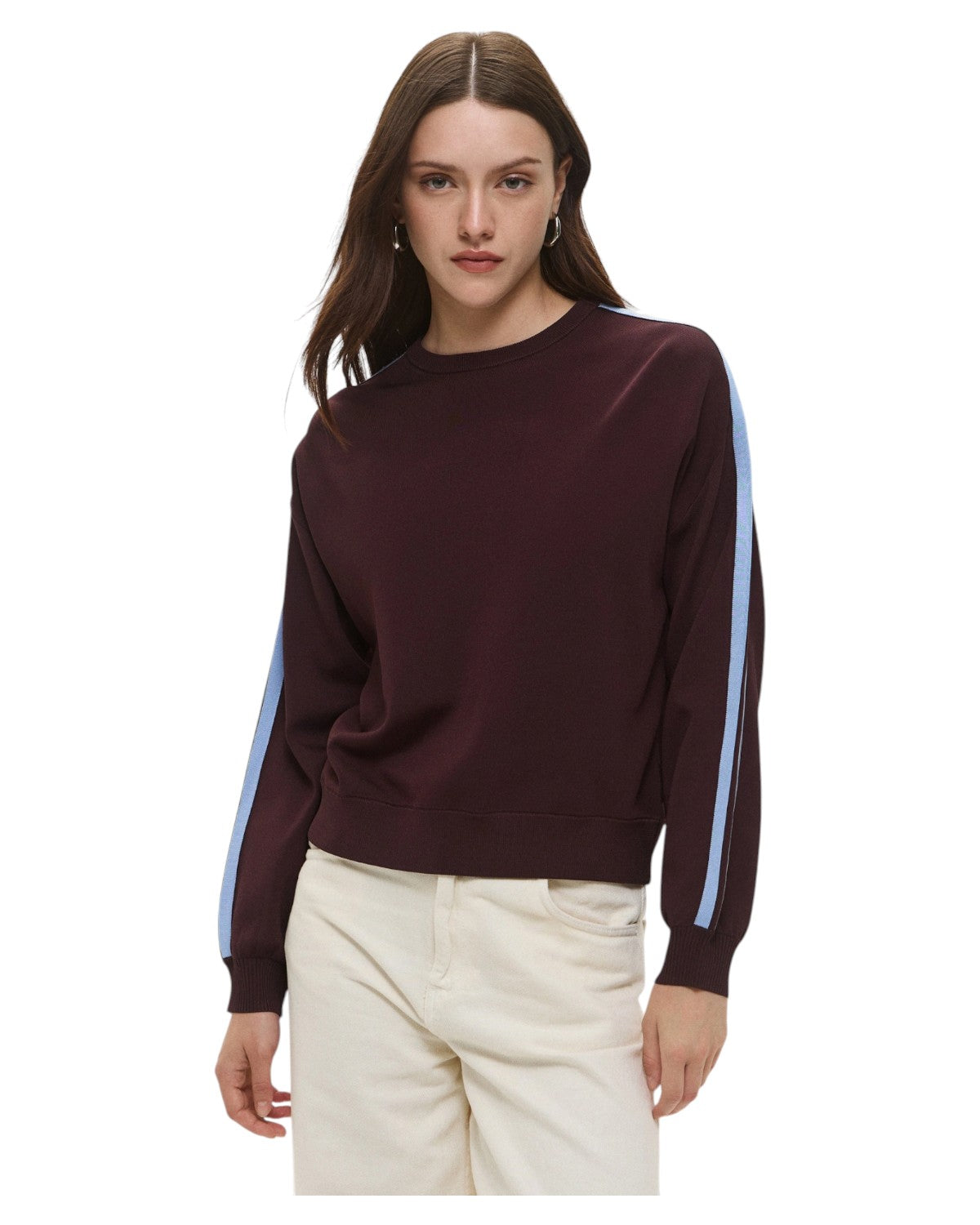 Felpa Elasticizzata Regular Fit by Pinko in maglia fine color vinaccia con bande celesti sulle maniche, stile casual per donna FW26.