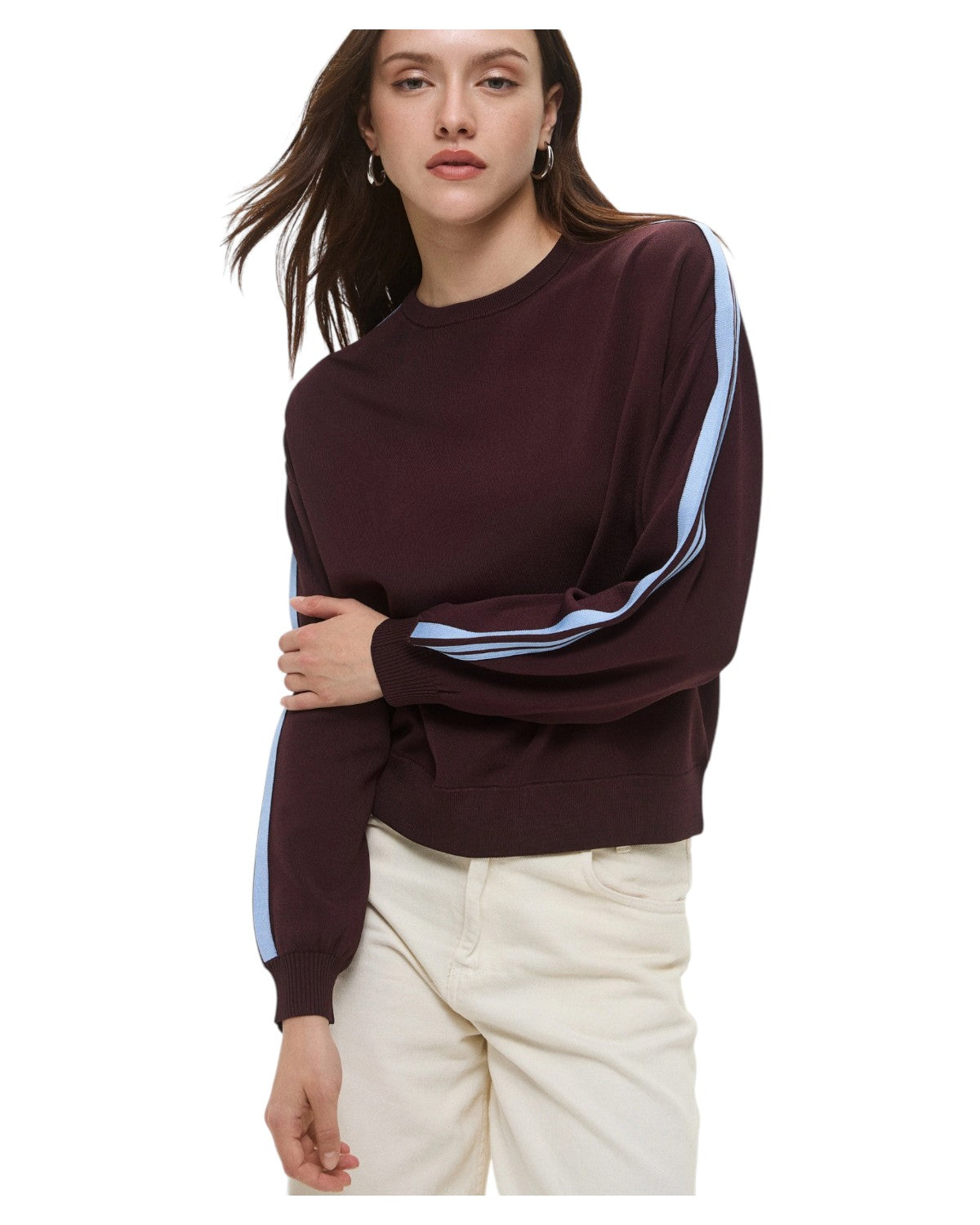 Felpa Pinko Regular Fit in tessuto elasticizzato, maniche con righe azzurre, perfetta per look invernali casual o eleganti.