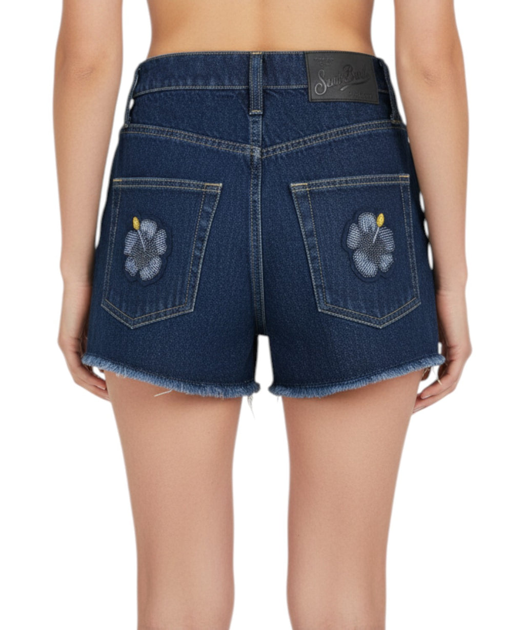 Shorts Musa en denim avec patchs floraux et perles