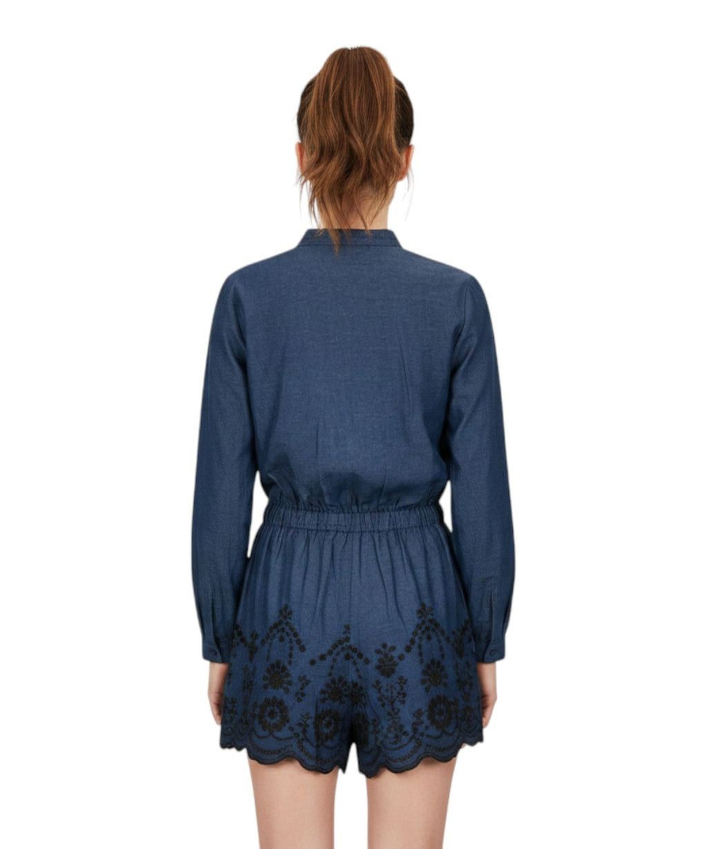 Combinaison short Lenny en denim avec broderies