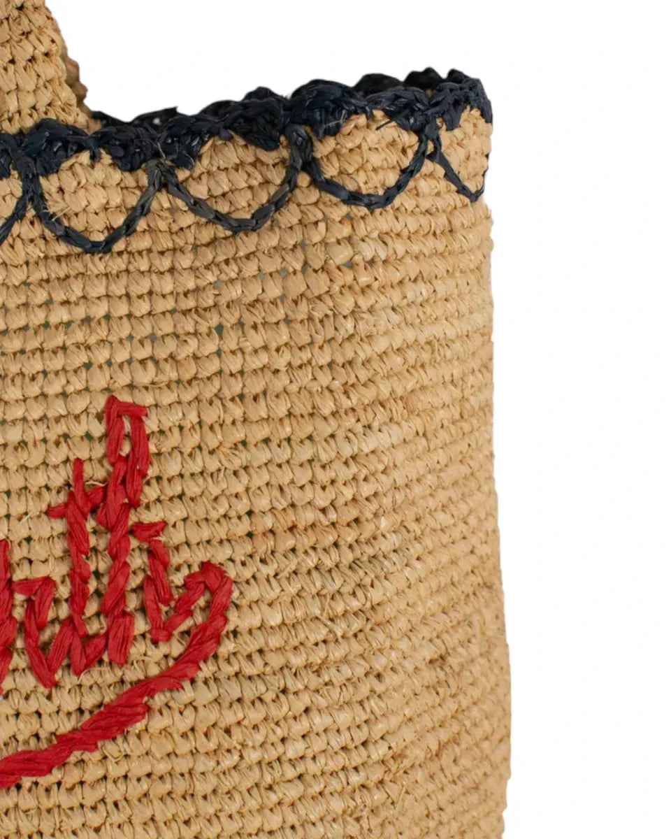 Borsa in rafia naturale con ricamo rosso e bordo ondulato-Mc2 Saint Barth-Borse a spalla-Vittorio Citro Boutique
