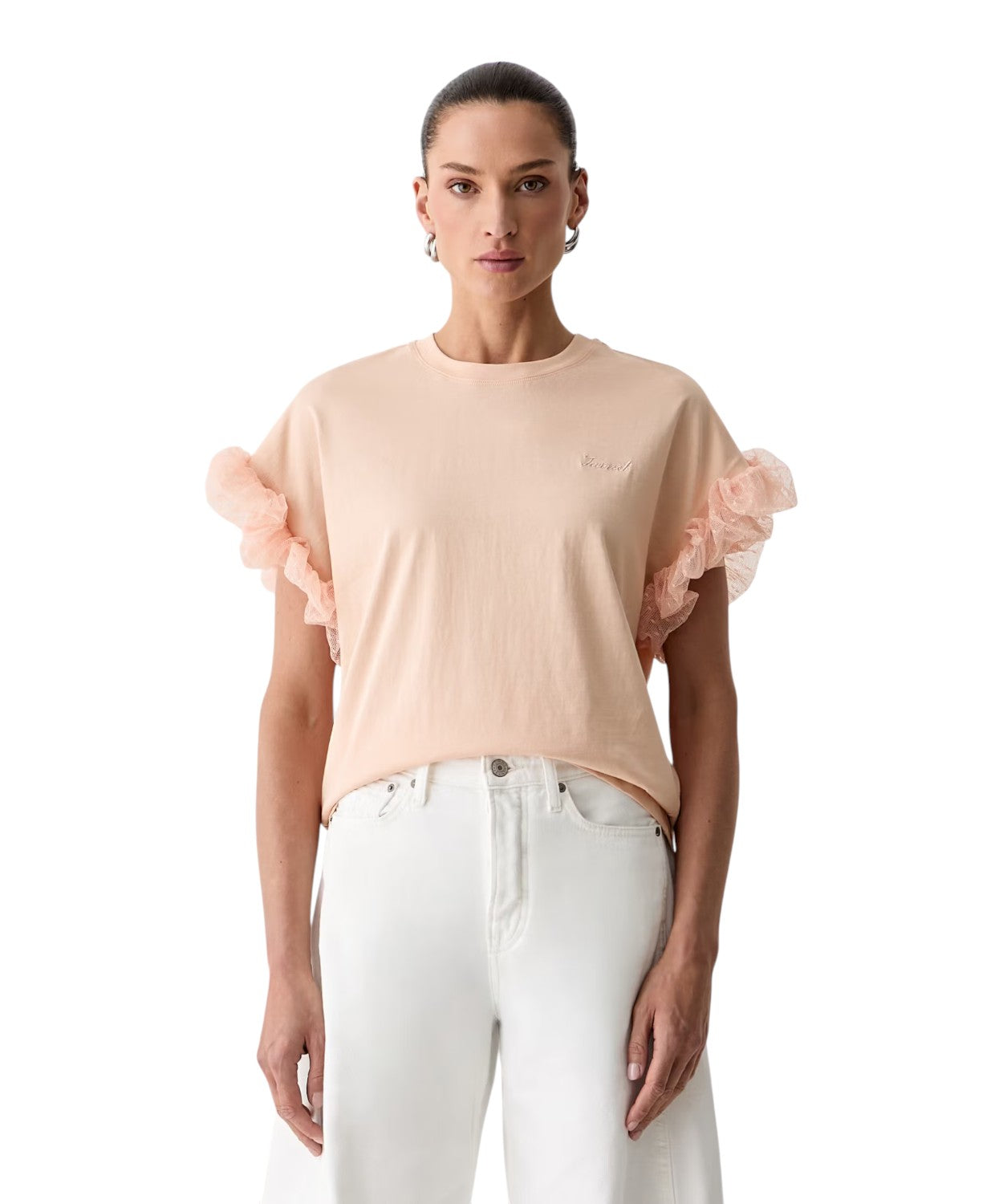 Twinset T-shirt en coton stretch avec manches bouffantes en tulle