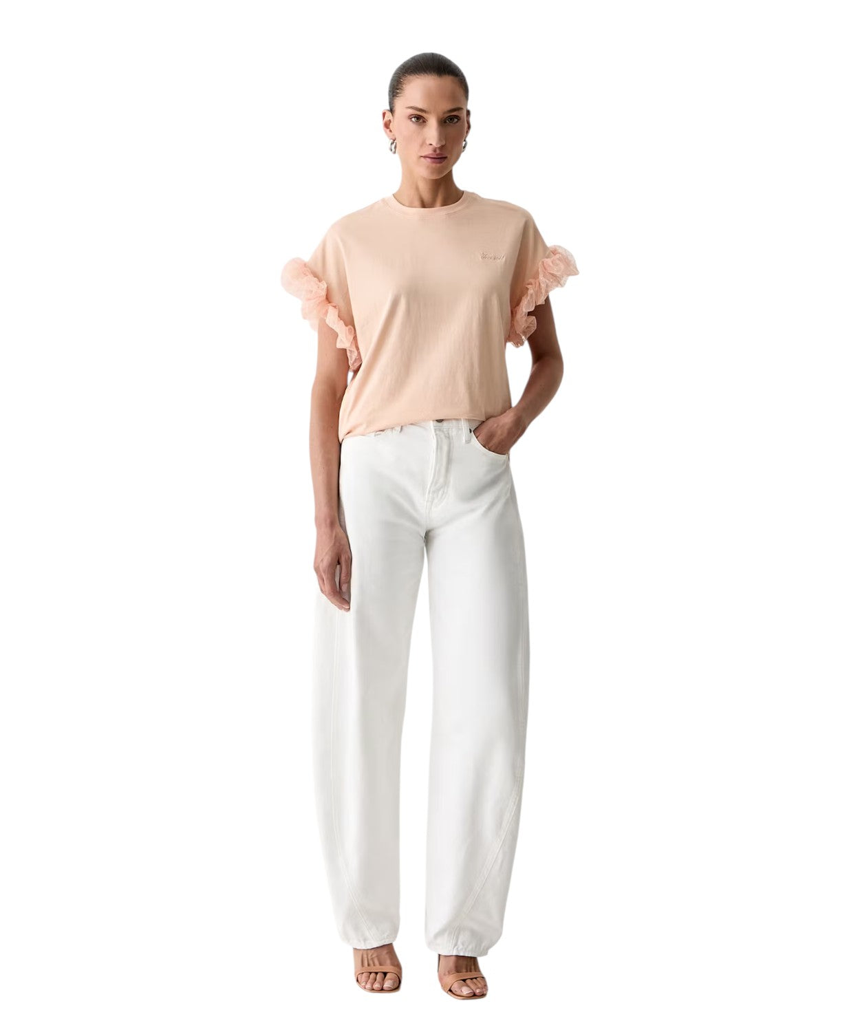 Twinset T-shirt en coton stretch avec manches bouffantes en tulle