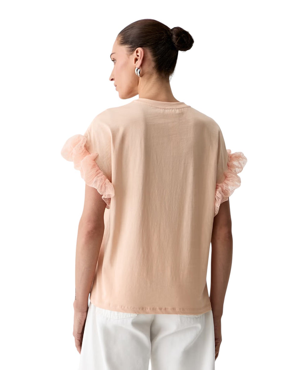 Twinset T-shirt en coton stretch avec manches bouffantes en tulle