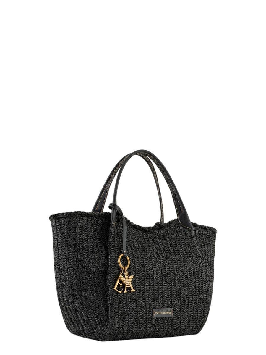 Shopper in paglia intrecciata con charm logo-Emporio Armani-Borse a spalla-Vittorio Citro Boutique
