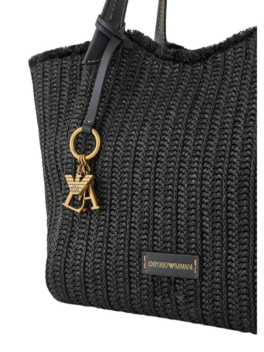 Shopper in paglia intrecciata con charm logo-Emporio Armani-Borse a spalla-Vittorio Citro Boutique