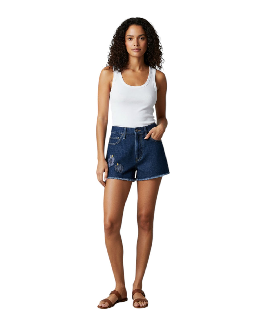 Shorts Musa en denim avec patchs floraux et perles