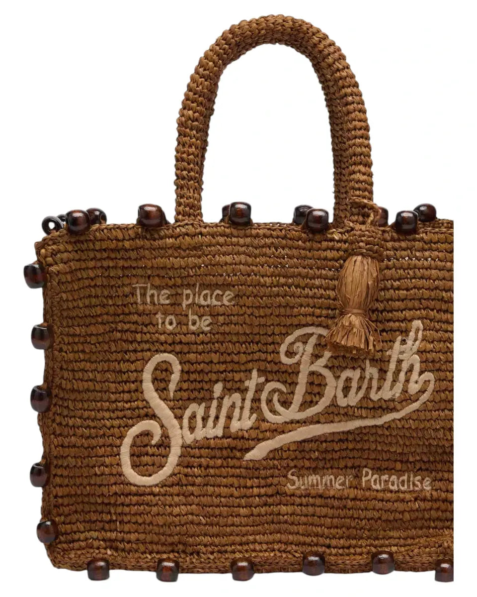 Borsa Colette in Rafia Marrone con Perline e Logo Ricamato-Mc2 Saint Barth-Borse a mano-Vittorio Citro Boutique