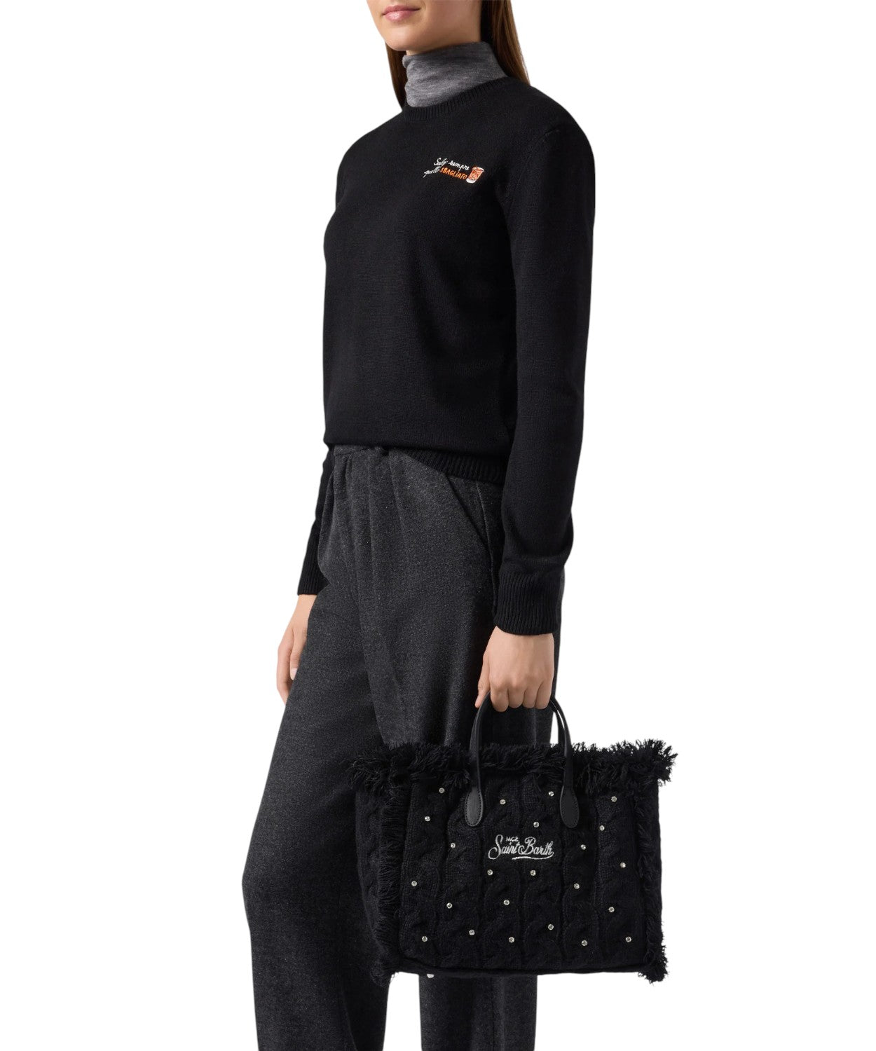 Colette Wool Braid nera a trecce con strass e tracolla removibile-Mc2 Saint Barth-Borse a mano-Vittorio Citro Boutique