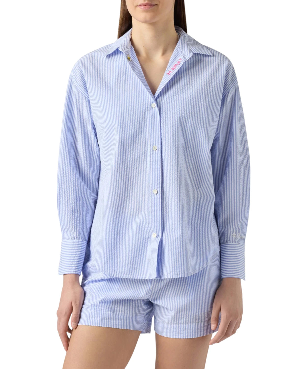 Chemise Cristal en coton seersucker rayé avec broderies