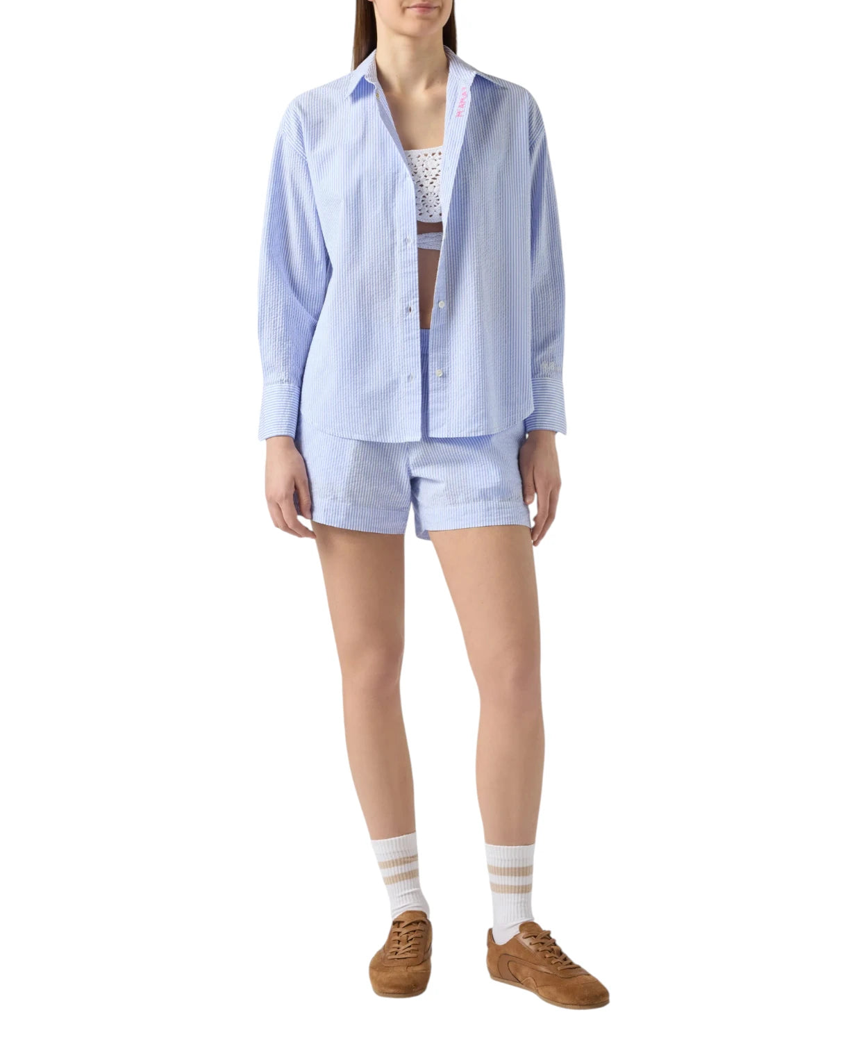 Chemise Cristal en coton seersucker rayé avec broderies