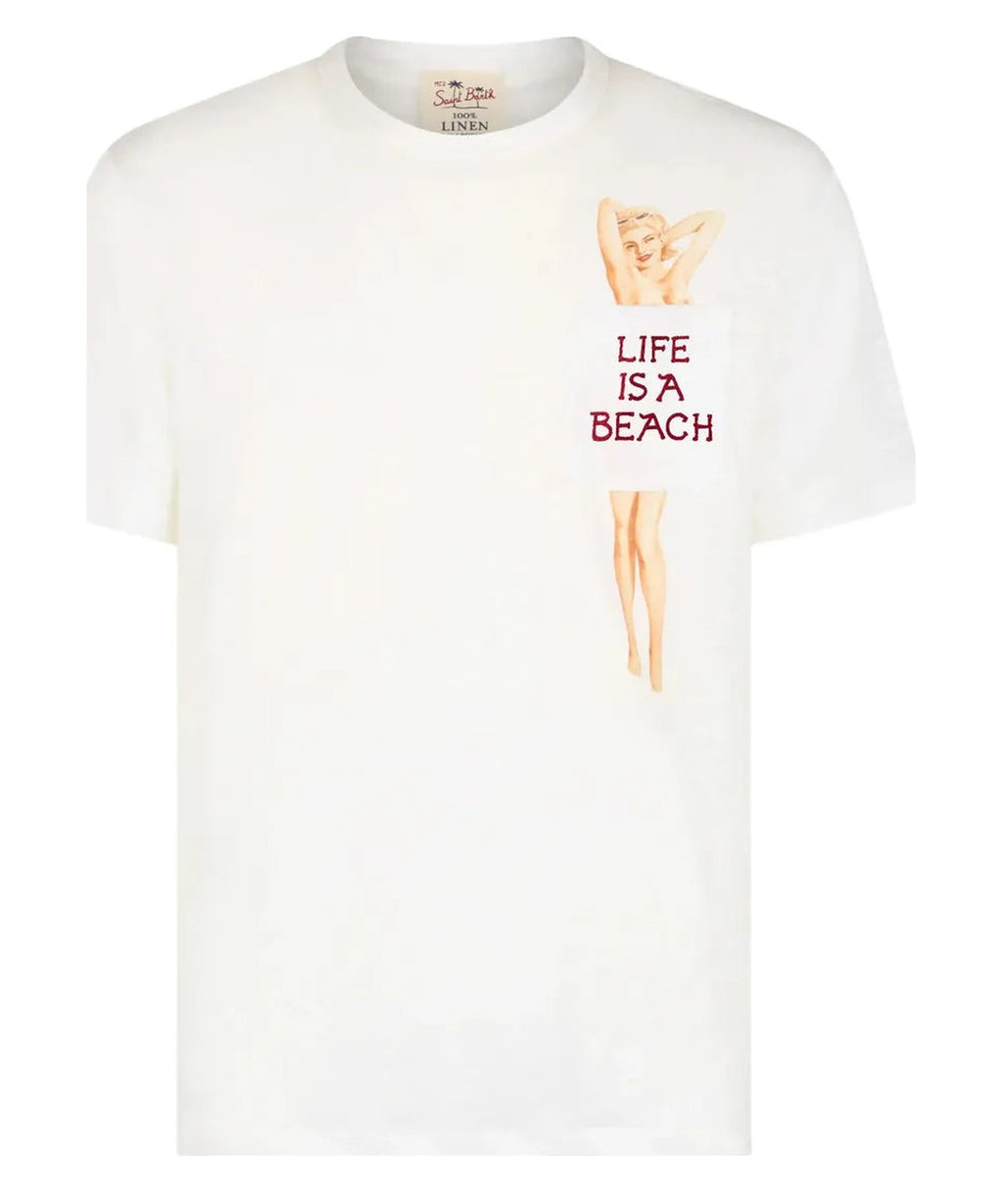 T-shirt Ecstasea in lino bianco con taschino stampato e ricamato-Mc2 Saint Barth-T-shirt-Vittorio Citro Boutique