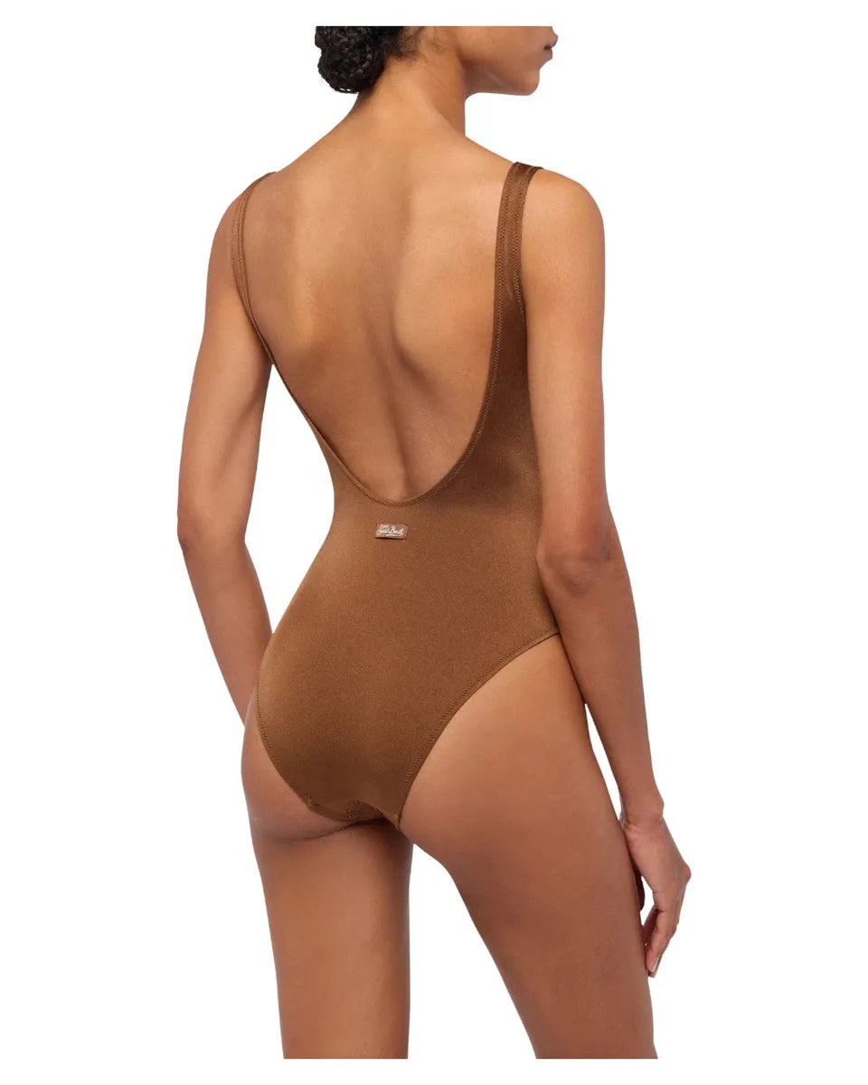Costume intero marrone con strass animalier e spalline sottili-Costumi da bagno-Mc2 Saint Barth-Vittorio Citro Boutique