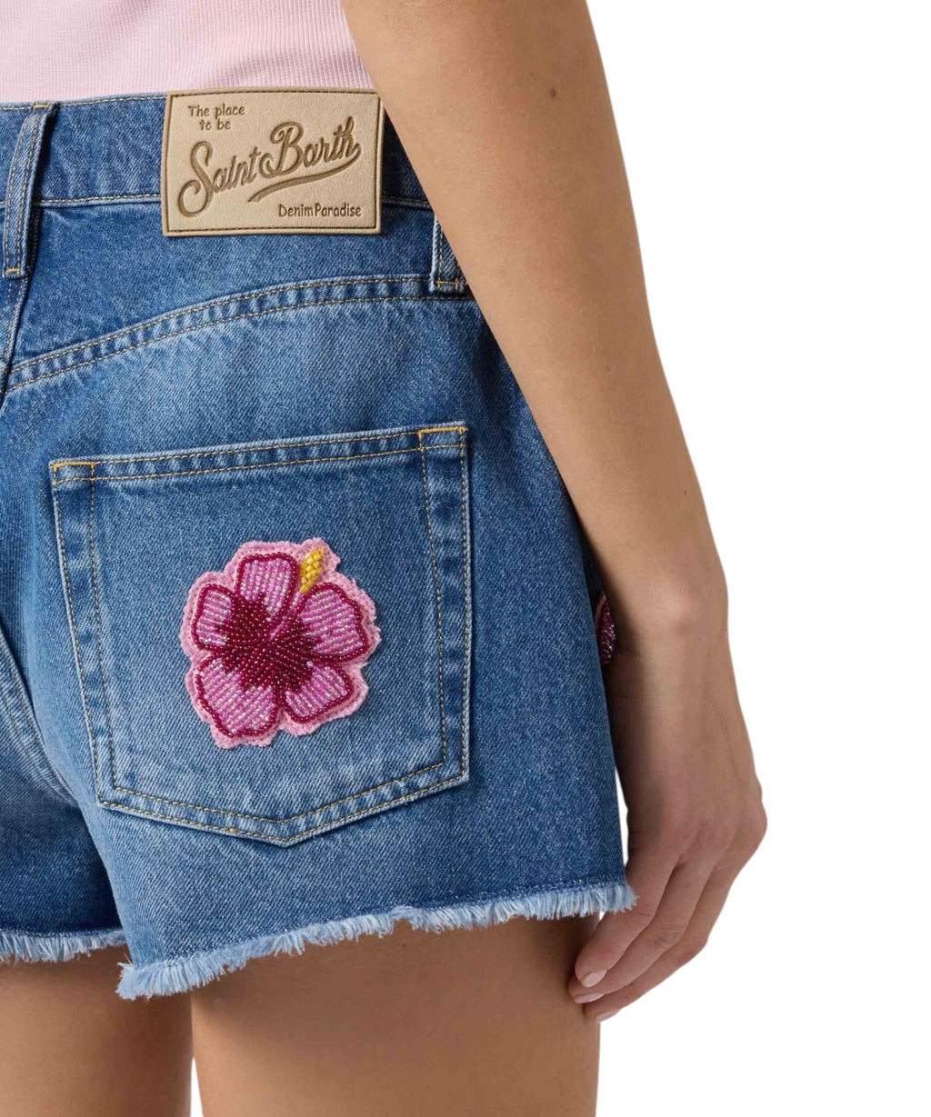 Shorts Musa en denim avec patchs floraux brodés de perles