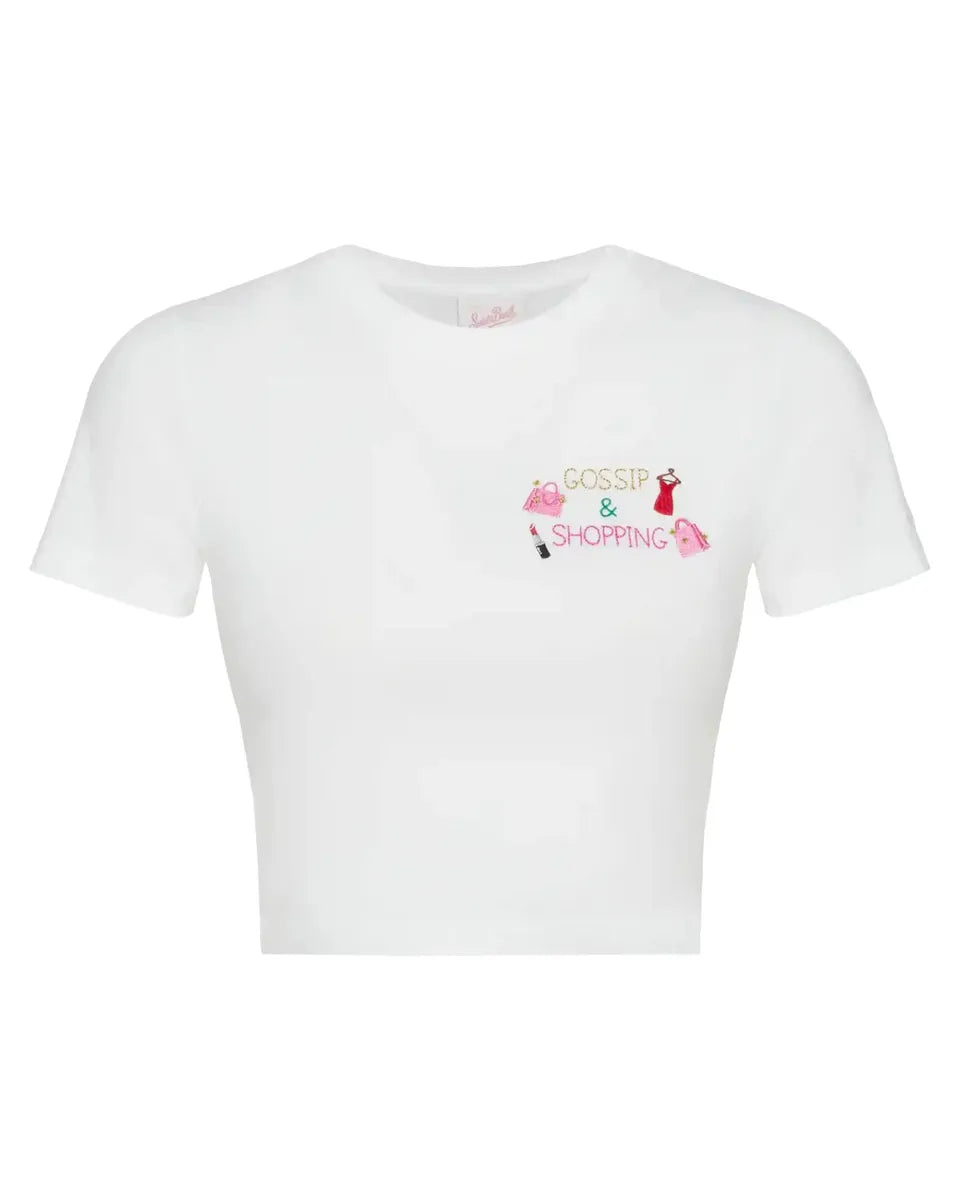 T-shirt Bianca con Ricamo "Gossip & Shopping"-Mc2 Saint Barth-T-shirt-Vittorio Citro Boutique