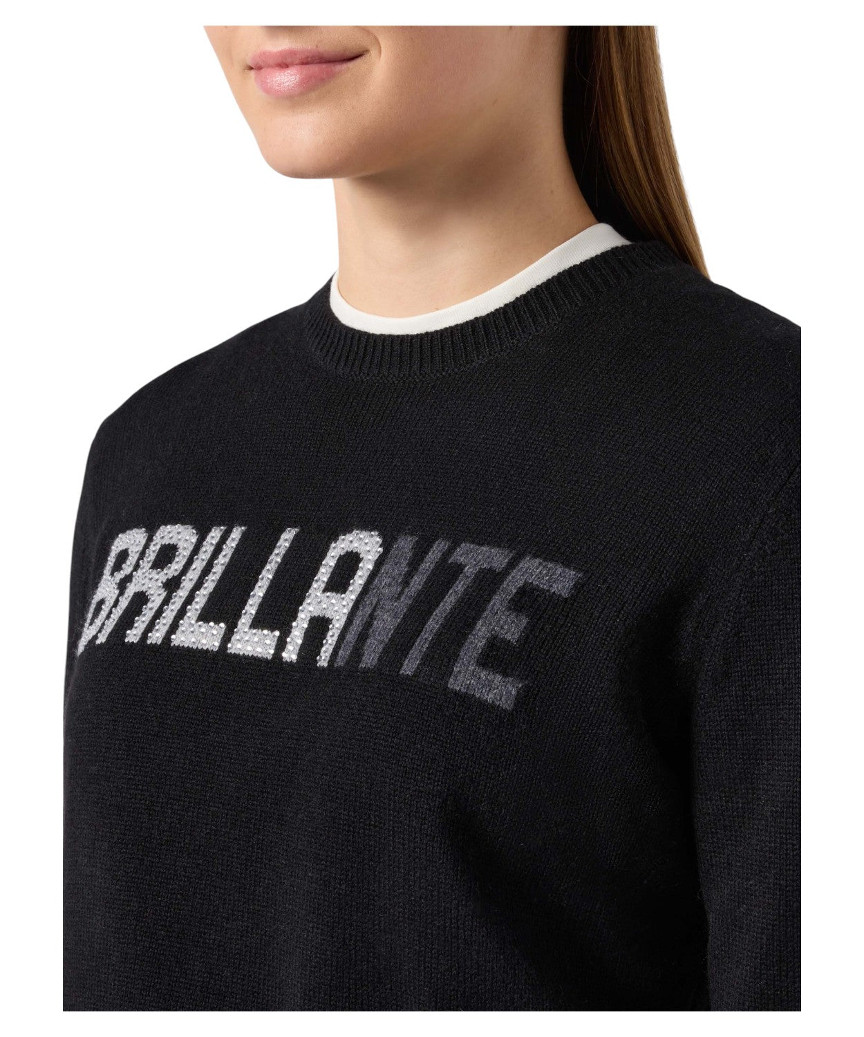 Maglione New Queen in misto cashmere nero con scritta in strass “Brillante”-Mc2 Saint Barth-Maglieria-Vittorio Citro Boutique