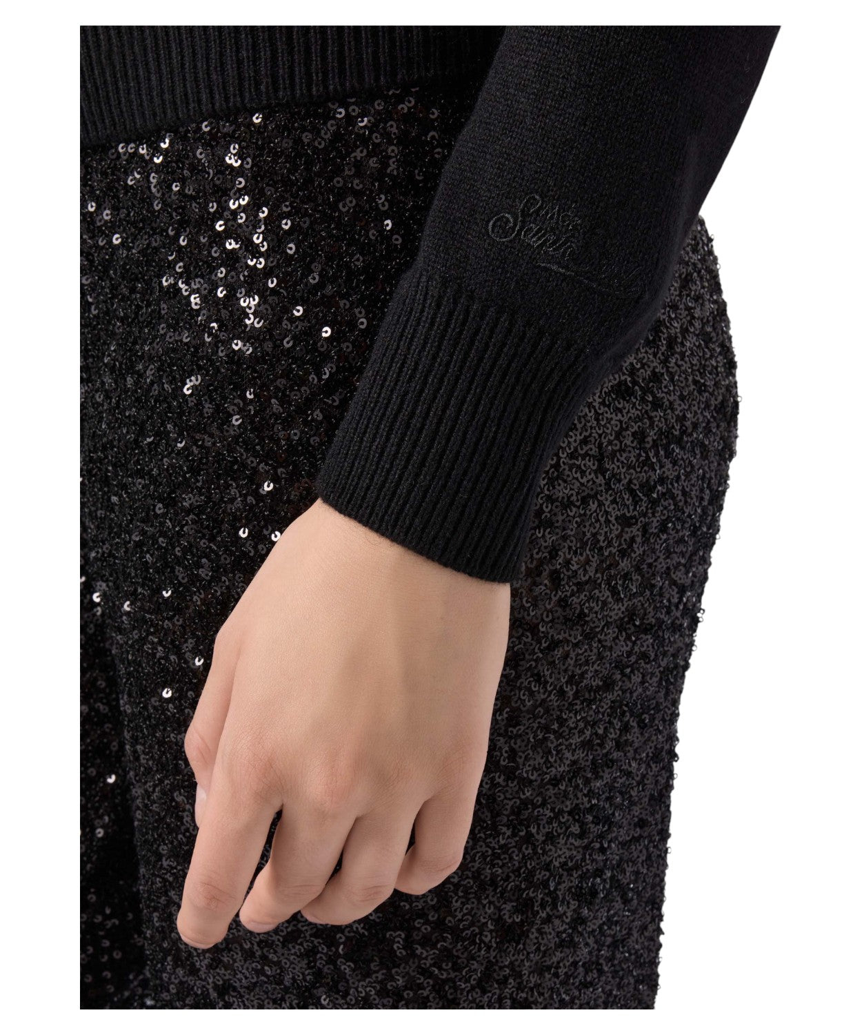 Maglione New Queen in misto cashmere nero con scritta in strass “Brillante”-Mc2 Saint Barth-Maglieria-Vittorio Citro Boutique