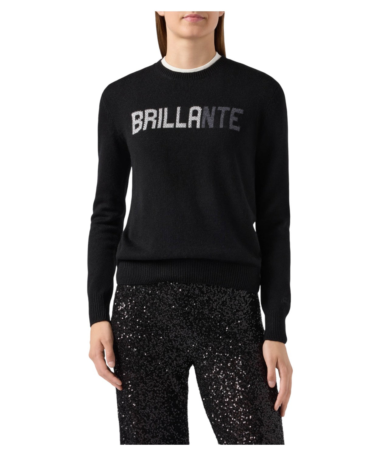 Maglione New Queen in misto cashmere nero con scritta in strass “Brillante”-Mc2 Saint Barth-Maglieria-Vittorio Citro Boutique