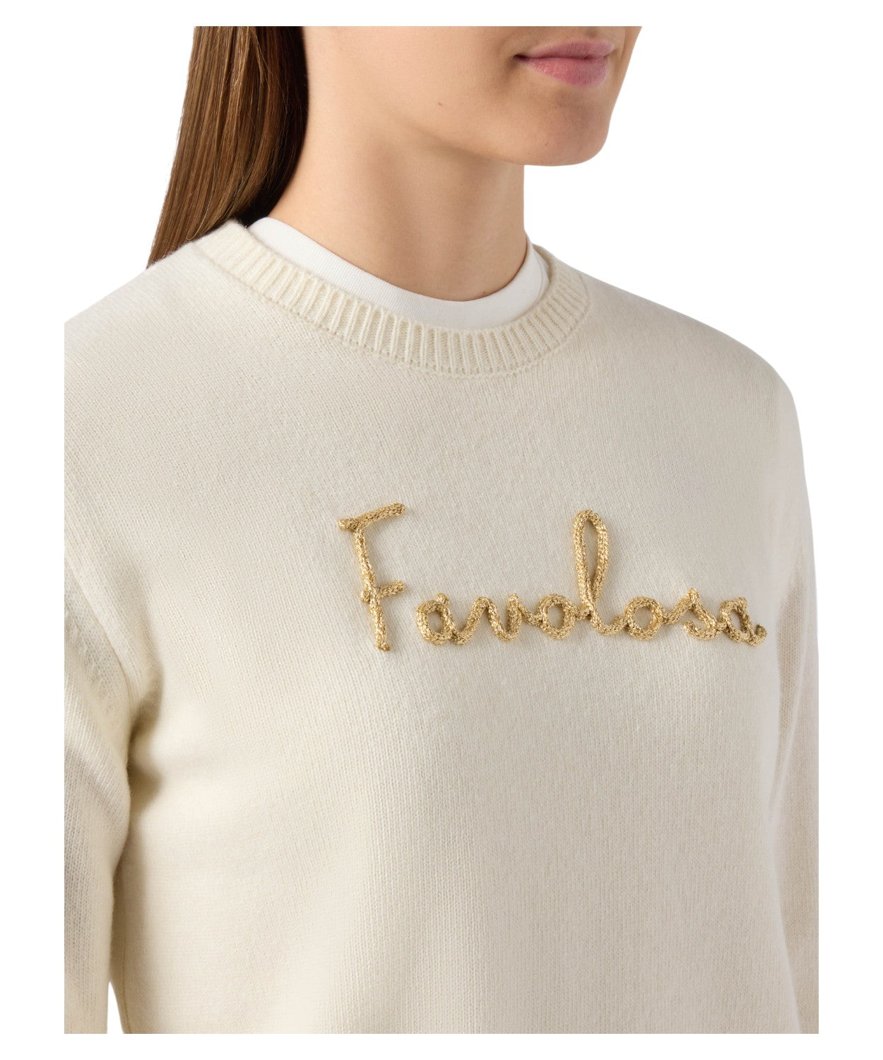 Maglione New Queen in misto cashmere bianco con ricamo lurex “Favolosa”-Mc2 Saint Barth-Maglieria-Vittorio Citro Boutique